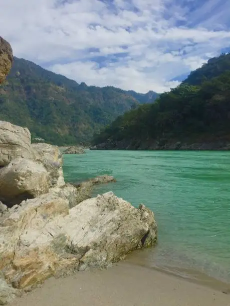 Beautiful view of the clear Ganga river in Rishikesh, India