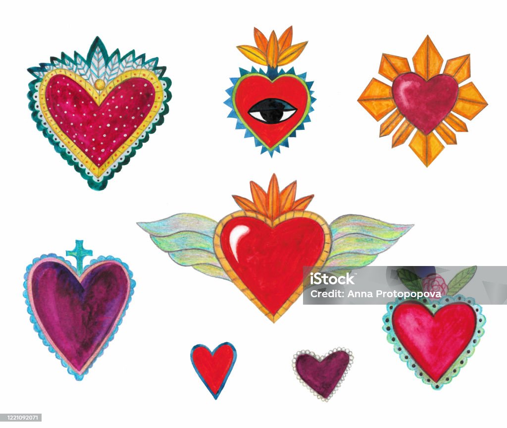 Watercolor Illustration Set Of Hearts In Vintage Style Traditional Mexican  Hearts Set Of Handdrawn Hearts Isolated On A White Background Stock  Illustration - Download Image Now - iStock