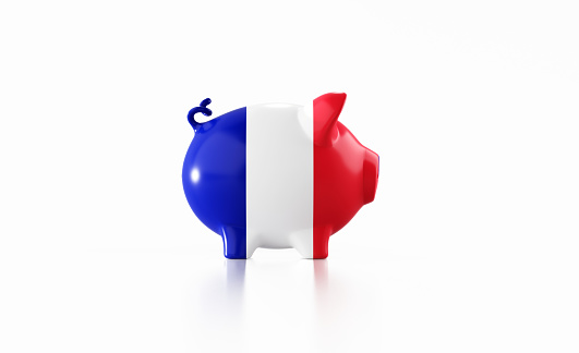 Piggy bank textured with French flag isolated on white background. Horizontal composition with copy space. Clipping path is included. Great use for savings concepts.