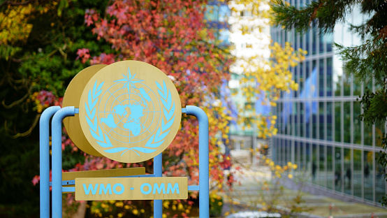 Geneva, Switzerland -November 8, 2019 : The WMO building in Geneva. The WMO is the World Meteorological Organization and an intergovernmental organization with a membership of 191 member States