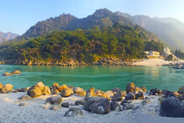 Beautiful view of the clear Ganga river in Rishikesh, India