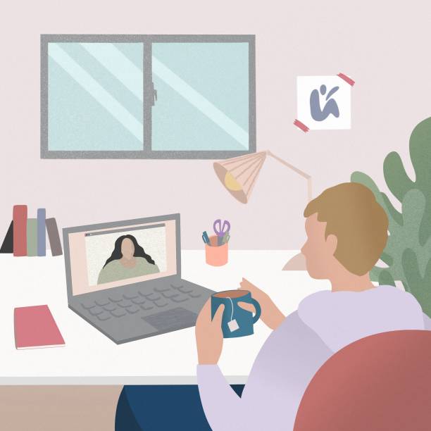 Working and talking to using computer vector art illustration
