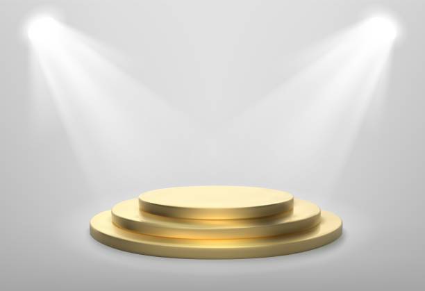 realistisches gold-bühnenpodium. rundensieger-podest. beleuchteter ort mit scheinwerfer. 3d leere plattform. vektor-illiustration. - podium pedestal construction platform award stock-grafiken, -clipart, -cartoons und -symbole