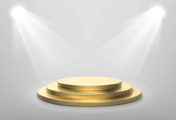istock Realistic gold stage podium. Round winner pedestal. Illuminated place with spotlight. 3d empty platform. Vector illiustration. 1221110209
