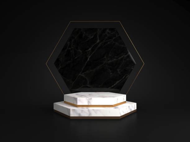 istock 3d rendering of white marble pedestal isolated on black background, hexagon gold frame, memorial board, hexagon steps, abstract minimal concept, blank space, clean design, luxury minimalist mockup 1221114799