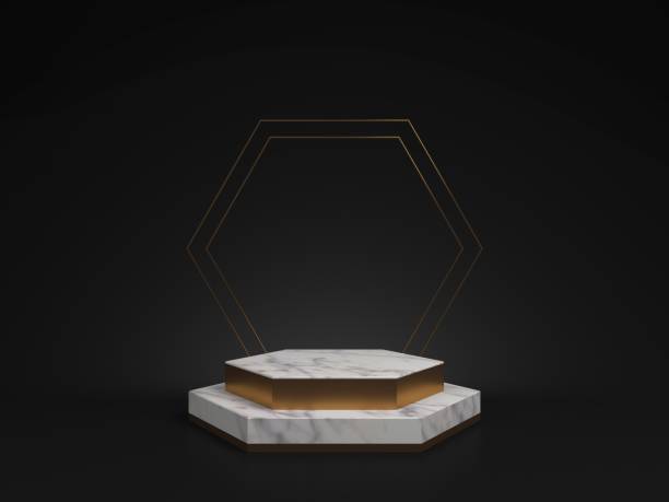 istock 3d rendering of white marble pedestal isolated on black background, hexagon gold frame, memorial board, hexagon steps, abstract minimal concept, blank space, clean design, luxury minimalist mockup 1221114847