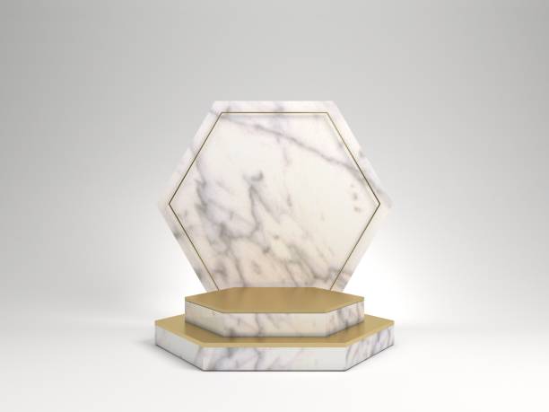 istock 3d rendering of white marble pedestal isolated on white background, hexagon gold frame, memorial board, hexagon steps, abstract minimal concept, blank space, clean design, luxury minimalist mockup 1221114859