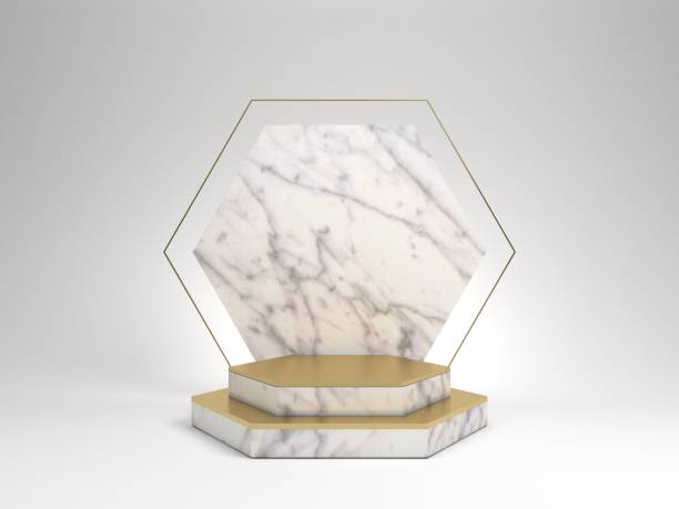 istock 3d rendering of white marble pedestal isolated on white background, hexagon gold frame, memorial board, hexagon steps, abstract minimal concept, blank space, clean design, luxury minimalist mockup 1221114876