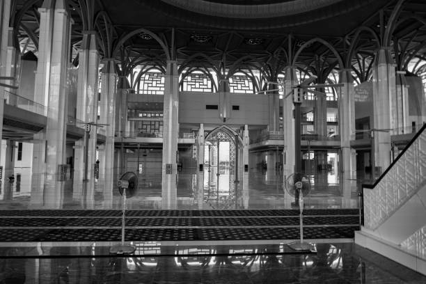 istock Black and white image, beautiful architecture of modern mosque in Malaysia 1221115627