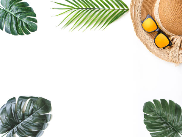 istock Summer accessories concept from sunglasses, straw hat, tropical palm leaf branches and monstera leaves on white background with empty space for text. 1221118597