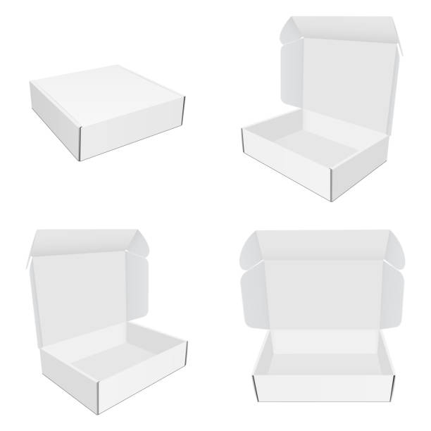 Set of mailing paper boxes with various views isolated on white background Set of mailing paper boxes with various views isolated on white background. Vector illustration box container stock illustrations