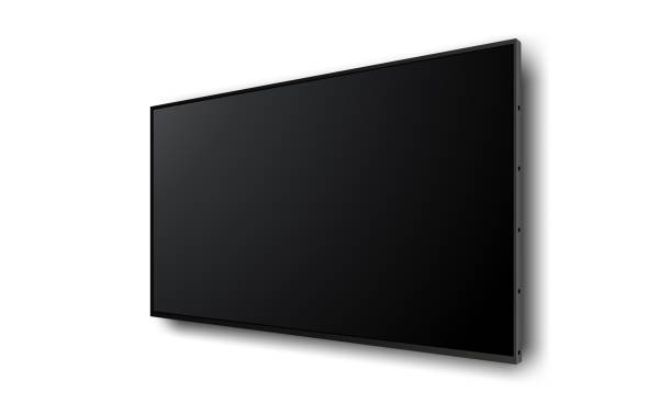 Wall wide television screen mockup with perspective view, isolated on white background Wall wide television screen mockup with perspective view, isolated on white background. Vector illustration tv screen stock illustrations