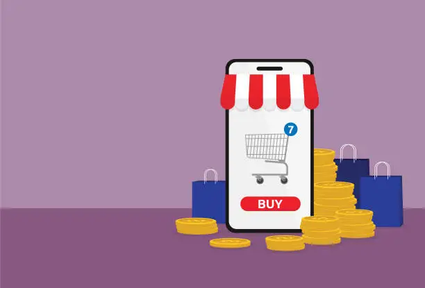 Vector illustration of Online shopping on a mobile phone