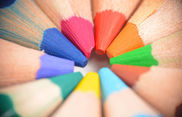 Macro image of colored pencils in order, art rainbow, artistic