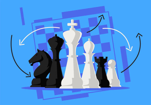 illustrazioni stock, clip art, cartoni animati e icone di tendenza di illustrazione vettoriale di pezzi di scacchi in bianco e nero guidati dal re in primo piano, regina, vescovo, pedone, torre, cavaliere, contorno scacchiera sullo sfondo - chess