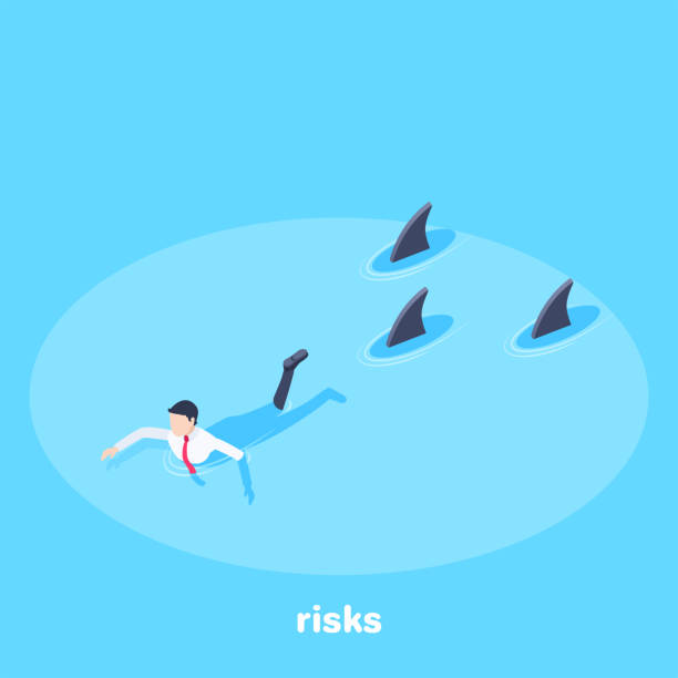 risks isometric vector image on a blue background, a man in a business suit floats away from sharks, risks in business sharks in water stock illustrations