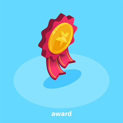 isometric vector image on a blue background, medal award icon with a star and a red bow and ribbon