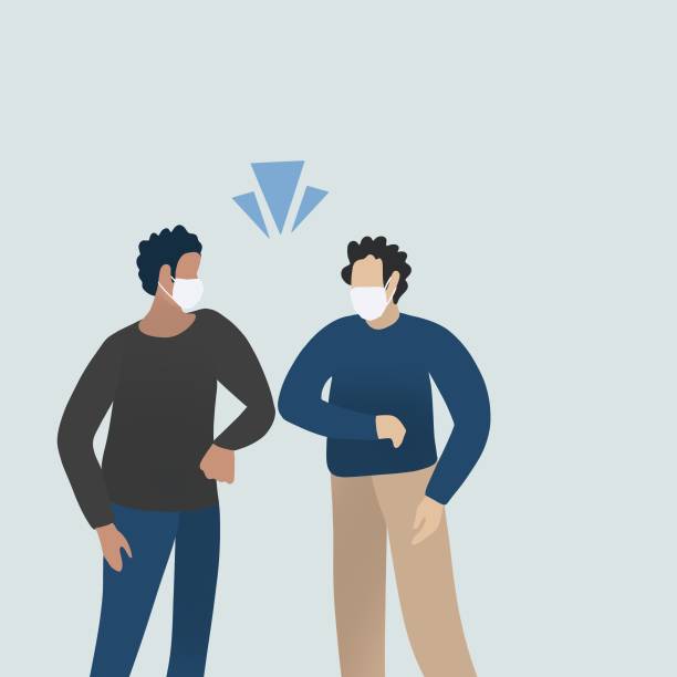 Social distancing people, Elbow bumping project from coronavirus Social distance, hand shake, elbow bumping, elbow bump, coronavirus, meeting, work, man, avoid, quarantine, hello, covid-19 greeting illustrations stock illustrations