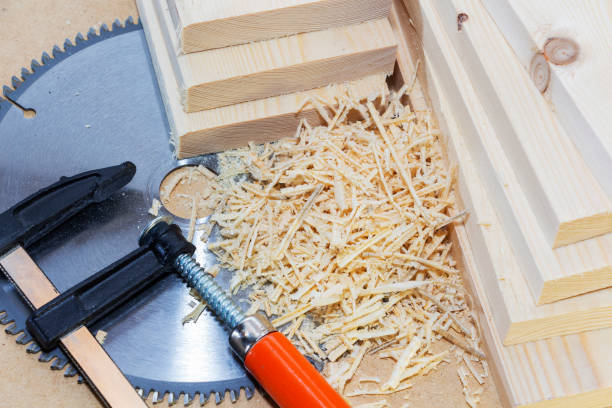 istock Wooden light boards. Space for text, saw blade. 1221134319