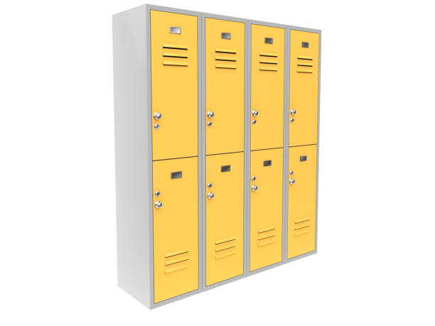 istock Row of yellow two level gym lockers. 3d rendering illustration 1221135584