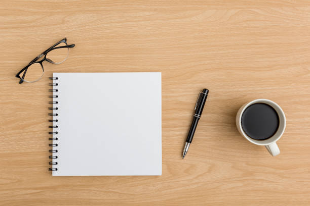 istock Top view Wood office desk table. Flat lay Workspace 1221138206