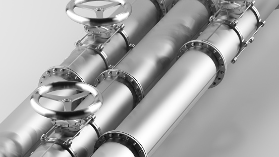 Steel tubes concept, 3D illustration. Steel pipes with a valve for gas and oil.
