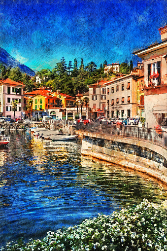 View old town Menaggio on Como Lake, Italy - vintage painted style illustration