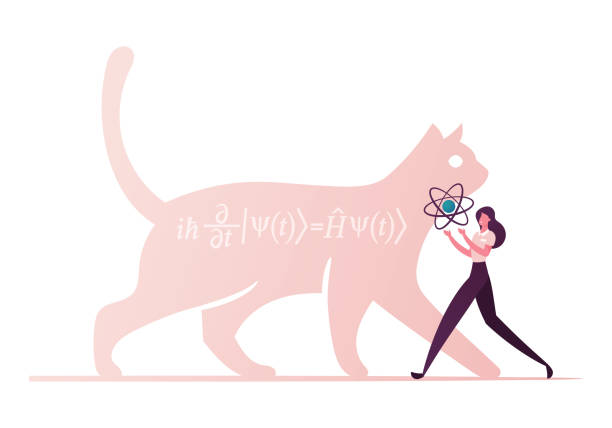 кошка из уравнения шредингера, формула физики, эксперимент суперпозиции шрёдингера в квантовой механике. женский характер carry atom модель. ко - photon stock illustrations