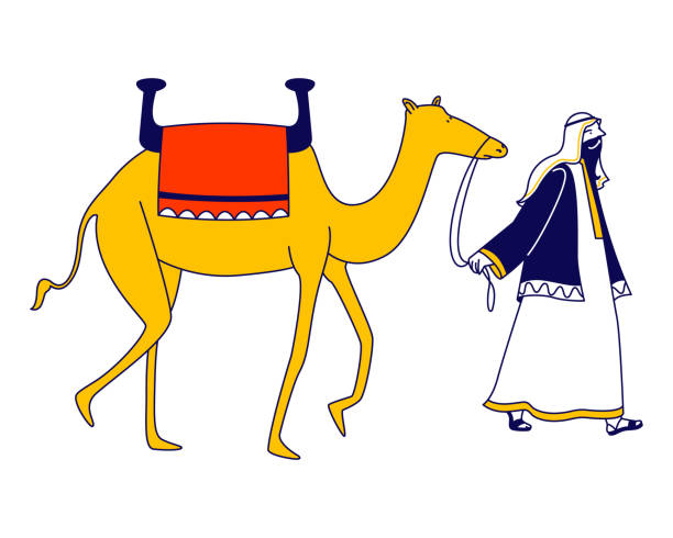 istock Male Character Wearing Arabic Dressing Leading Camel Isolated on White Background. Personage of Arabian Fairytale, Drover or Bedouin Crossing Desert, Storytelling Concept. Linear Vector Illustration 1221145746