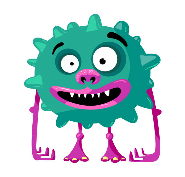 Cute Monster With Funny Face Toothy Mouth And Long Arms Green Germ Alien Or  Bacteria With Ball Shaped Body With Pimples Isolated On White Background  Cartoon Vector Illustration Icon Clip Art Stock