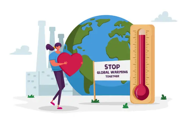 Vector illustration of Stop Global Warming Together Environmental Concept. Female Character Carry Huge Red Heart front of Earth Globe with Factory Pipes and Thermometer Show High Temperature. Cartoon Vector Illustration