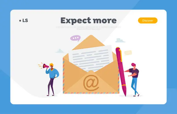 Vector illustration of People Send E-Mail to Friends or Colleagues Landing Page Template. Tiny Male Characters Stand at Huge Envelope with Et Symbol and Letter with Text, Email Notification. Cartoon Vector Illustration