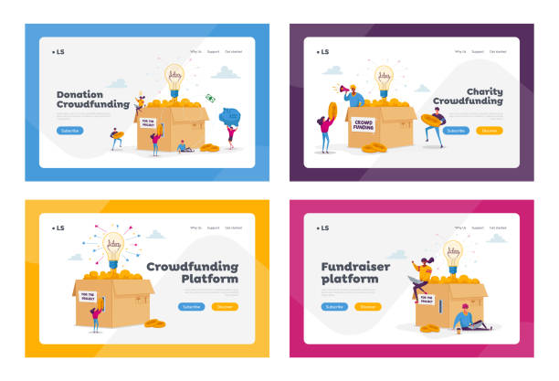 kuvapankkikuvitukset aiheesta joukkorahoituksen aloitussivun mallijoukko. pienet ihmiset lisäävät kultakolkon valtavaan laatikkoon hehkuvalla polttimolla. sijoittajahahmot keräävät rahaa startup-liikeidean kehittämiseen. sarjakuva vektori kuva - crowdfunding companies