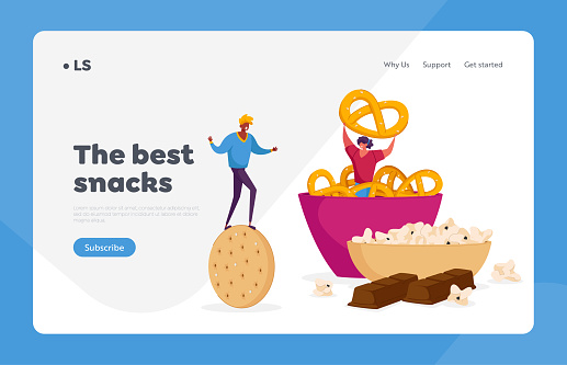 Snack, Fast Food with High Carb Level Landing Page Template. Tiny Characters with Huge Cookie Cracker at Bowl with Baked Pretzels. High-Calorie Unhealthy Nutrition. Cartoon People Vector Illustration