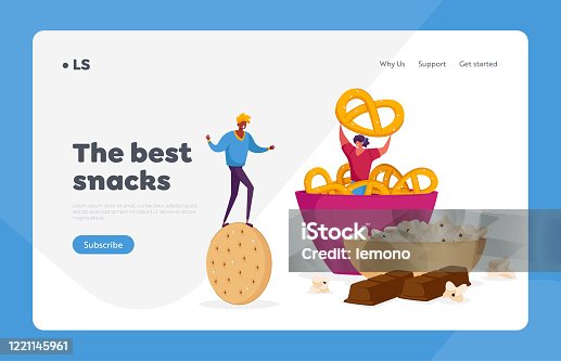 istock Snack, Fast Food with High Carb Level Landing Page Template. Tiny Characters with Huge Cookie Cracker at Bowl with Baked Pretzels. High-Calorie Unhealthy Nutrition. Cartoon People Vector Illustration 1221145961