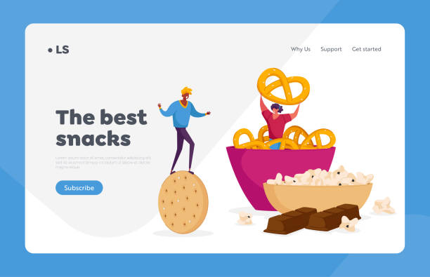 Snack, Fast Food with High Carb Level Landing Page Template. Tiny Characters with Huge Cookie Cracker at Bowl with Baked Pretzels. High-Calorie Unhealthy Nutrition. Cartoon People Vector Illustration Snack, Fast Food with High Carb Level Landing Page Template. Tiny Characters with Huge Cookie Cracker at Bowl with Baked Pretzels. High-Calorie Unhealthy Nutrition. Cartoon People Vector Illustration eating illustrations stock illustrations