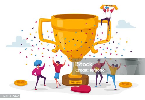 istock Business Team Project Success. Group of People Characters Stand at Huge Golden Goblet Celebrate Victory, Winners Prize and Award. Teamworking and Company Growth Concept. Linear Vector Illustration 1221145962