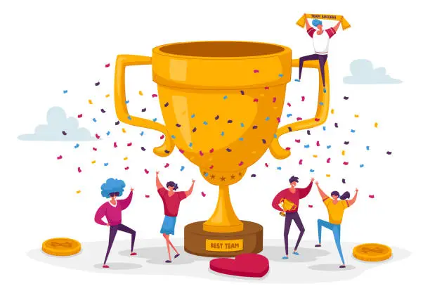 Vector illustration of Business Team Project Success. Group of People Characters Stand at Huge Golden Goblet Celebrate Victory, Winners Prize and Award. Teamworking and Company Growth Concept. Linear Vector Illustration