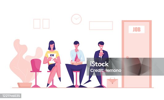 istock Young Men and Woman Candidates Characters with Cv Sitting on Chairs in Waiting Room Setting Mind Up Before Job Interview or Meeting with Potential Business Partners. Cartoon People Vector Illustration 1221146035