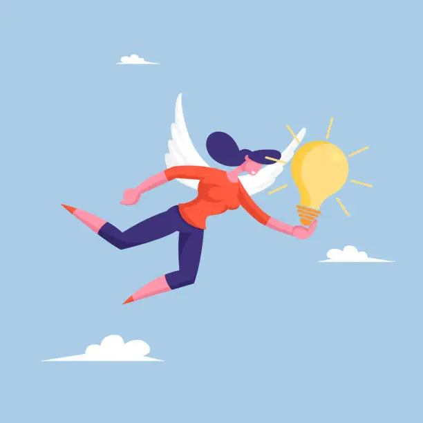 Vector illustration of Female Character with White Wings and Glowing Light Bulb in Hand Flying in Sky. Businesswoman Have Creative Idea, Muse, Business Vision, Educational Insight and Motivation. Cartoon Vector Illustration