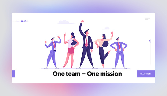 Company Teamwork Collaboration, People Rejoice Landing Page Template. Businesspeople Team Celebrate Project Development in Office. Business Characters Success Celebration. Cartoon Vector Illustration