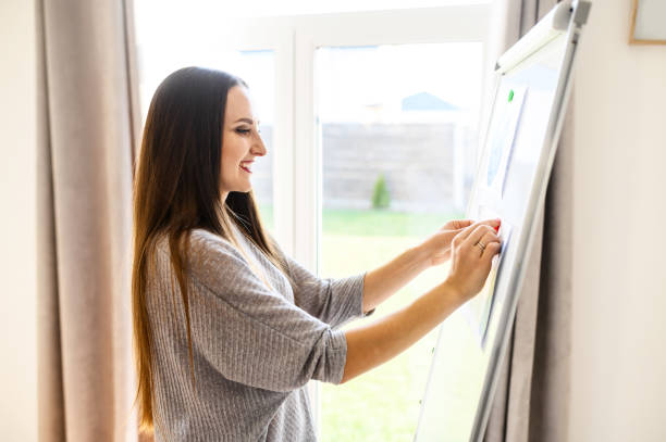 istock Young woman with flipchart records video lessons 1221146386