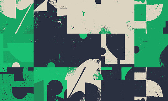 New grunge aesthetics in abstract pattern design composition. Brutalist inspired vector graphics collage made with simple geometric shapes and offset textures, useful for poster art and digital print.