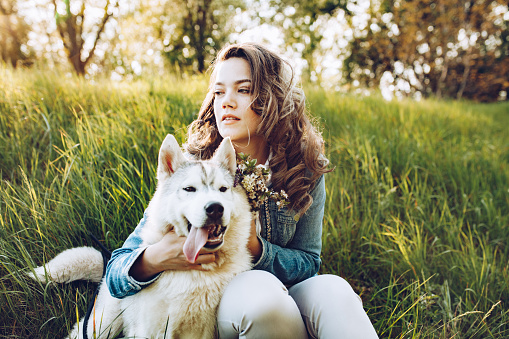 Beautiful girl plays with a dog grey and white husky on the green meadow on sunset