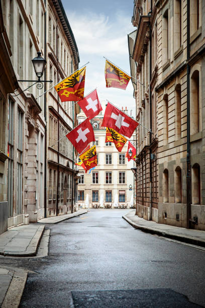 istock Street with national flags in Geneva 1221151567