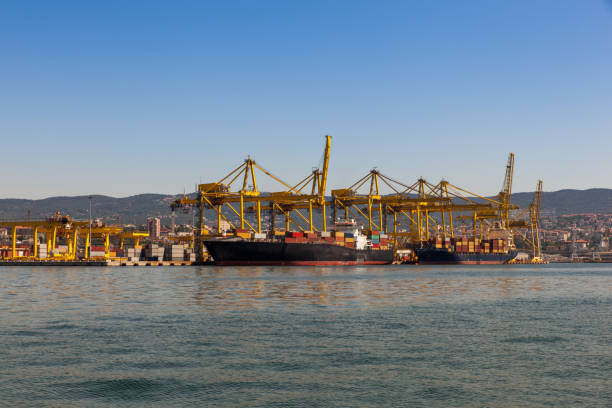 istock Industrial Container Cargo freight ship with working crane bridge in shipyard 1221151682