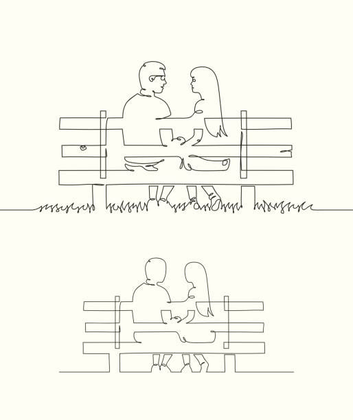 влюбленные, сидящие на скамейке в парке - single line urban scene outdoors vertical stock illustrations