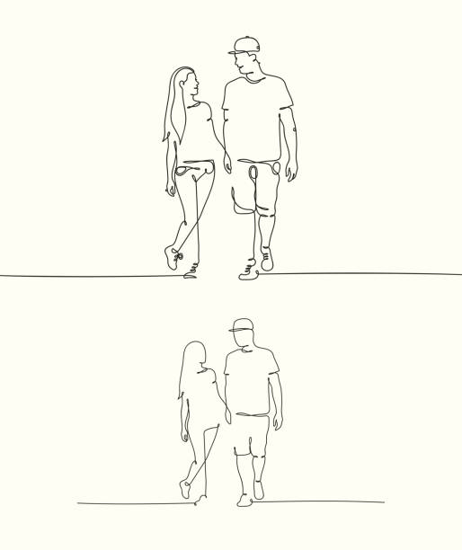 Silhouette of walking lovers Continuous line drawing of couple holding hands. Set of linear vector illustrations for graphic design, prints, t-shirts walking drawings stock illustrations