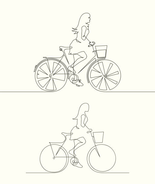 девушка на велосипеде - single line urban scene outdoors vertical stock illustrations