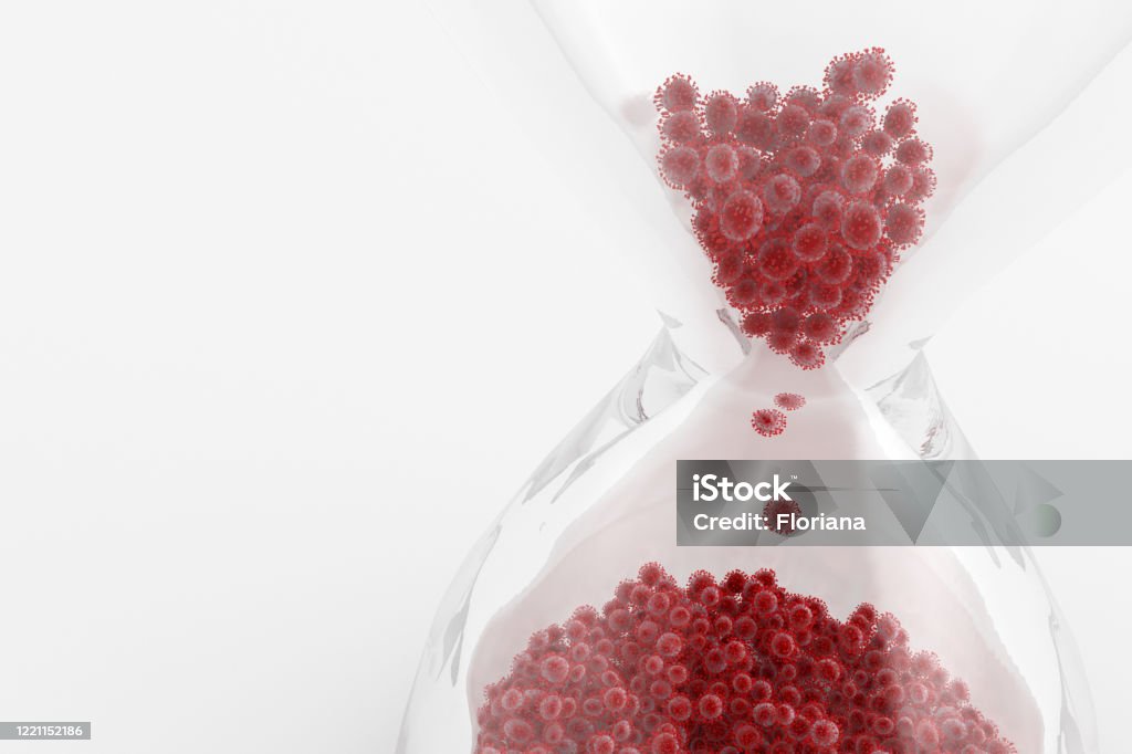 End of pandemic Close up of an hourglass with falling coronavirus, isolated on white, CGI. Hourglass Stock Photo